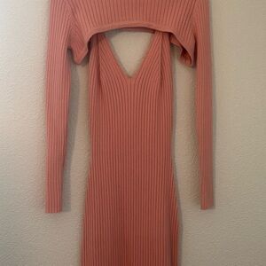 Chic Long Sleeve Ribbed Knit Dress in Pink
